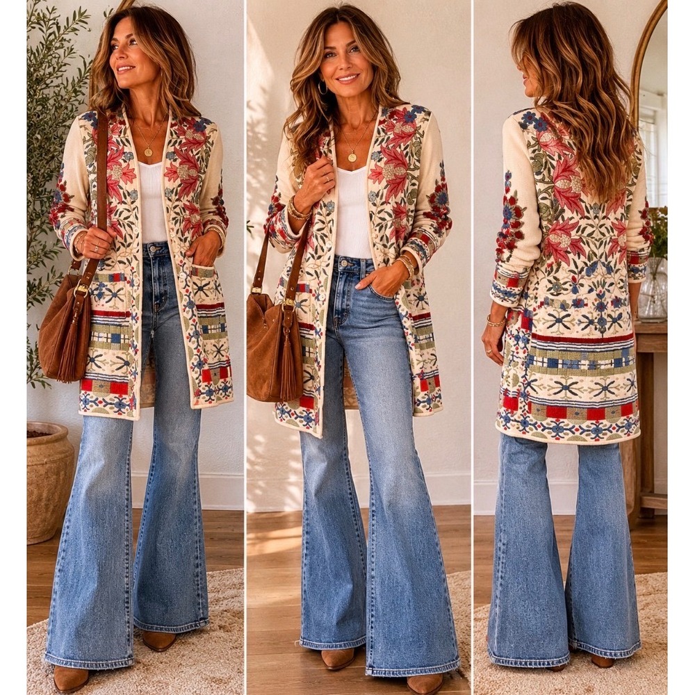 Johnny Was Biya Cardigan Duster Women Medium Embroidered Floral Cream Boho
